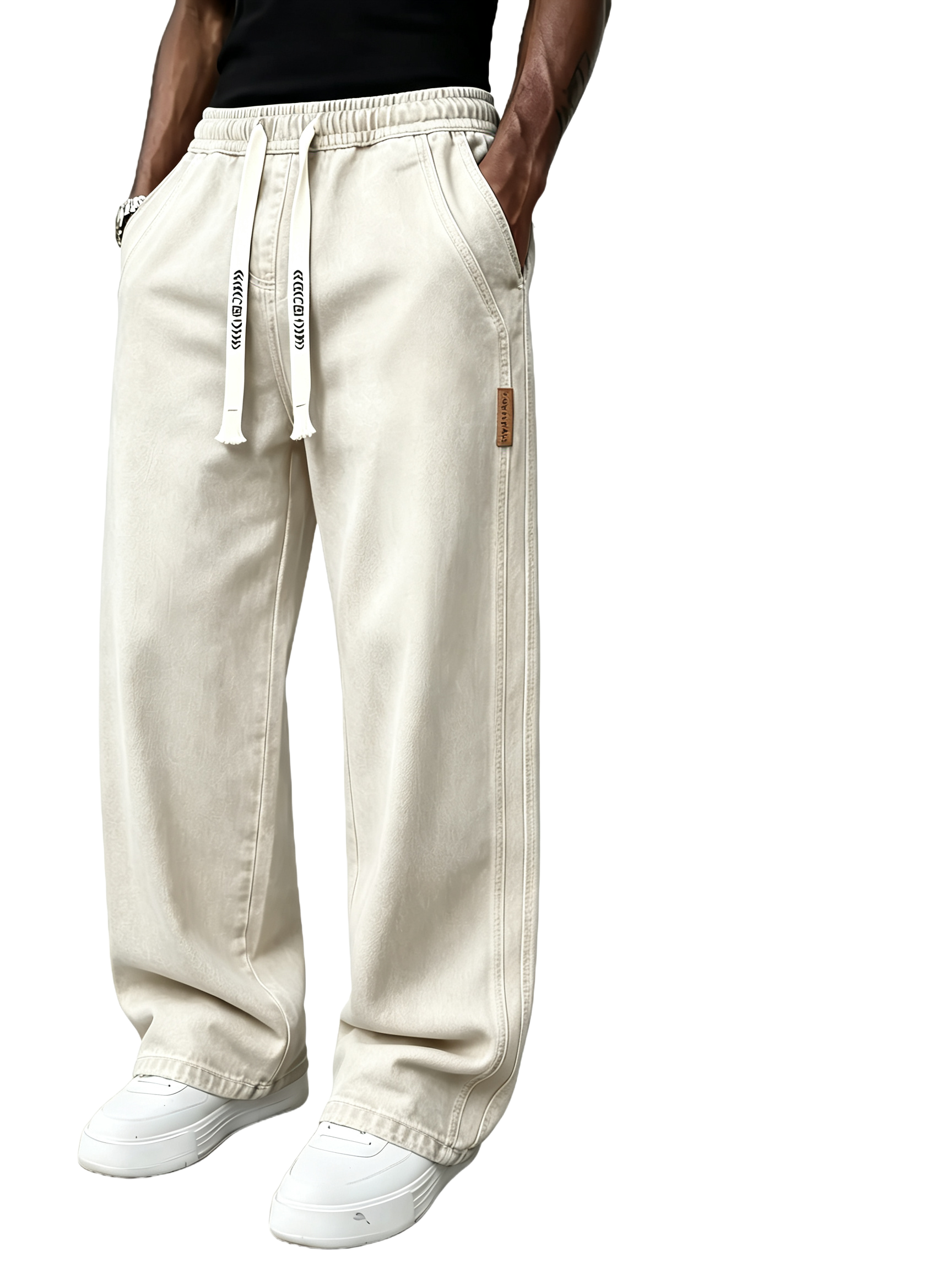 Men's Drawstring Elastic Waist Straight‑Leg Jeans, Plain Versatile Non‑Stretch Denim Pants & Vintage Washed Stretch Denim Jeans