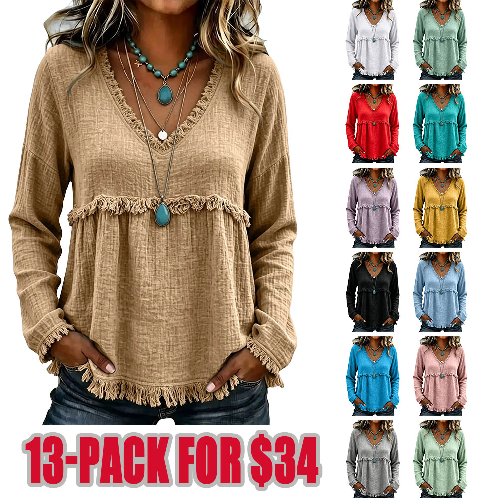 Women’s Boho V Neck Long Sleeve Fringe Top