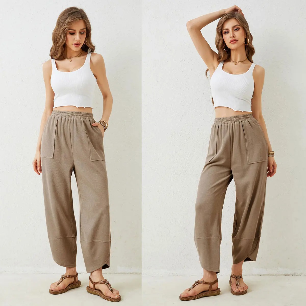 Women's Elastic Waist Wide Leg Palazzo Pants, Casual Loose Baggy Harem Pants with Pockets