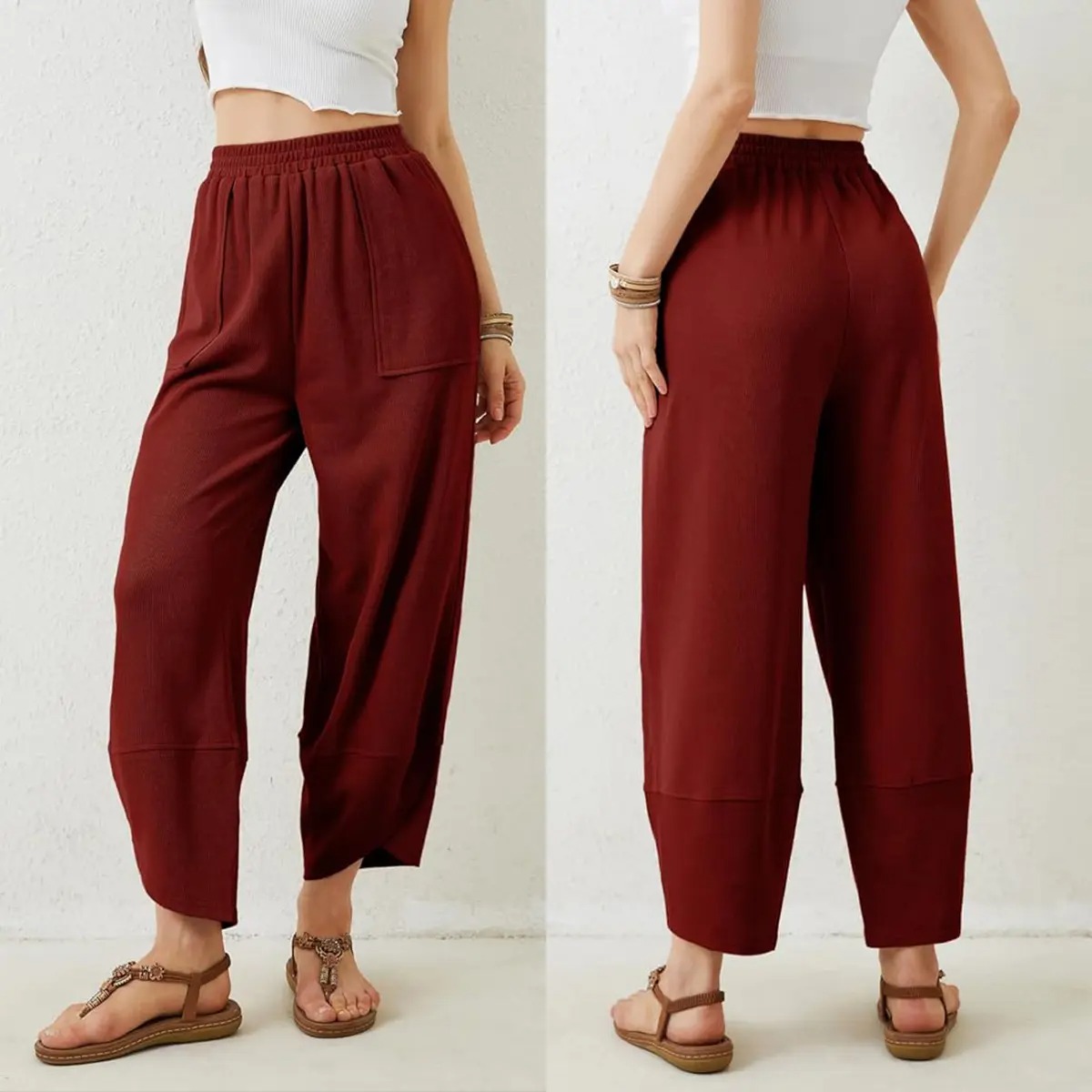 Women's Elastic Waist Wide Leg Palazzo Pants, Casual Loose Baggy Harem Pants with Pockets