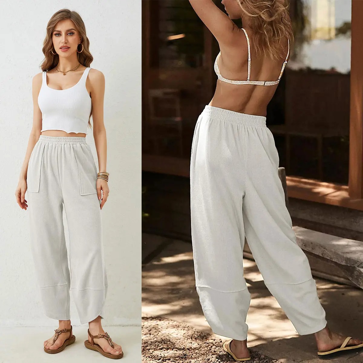 Women's Elastic Waist Wide Leg Palazzo Pants, Casual Loose Baggy Harem Pants with Pockets