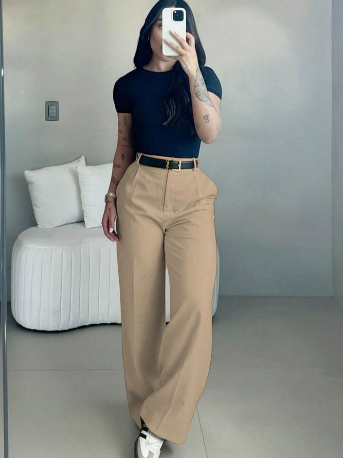 Women's High-Waisted Wide Leg Bottoms - Business Casual Drape Trousers with Clean Front, Pockets, Belt Loops, Full-Length Everyday Office Work Slacks, Machine Washable