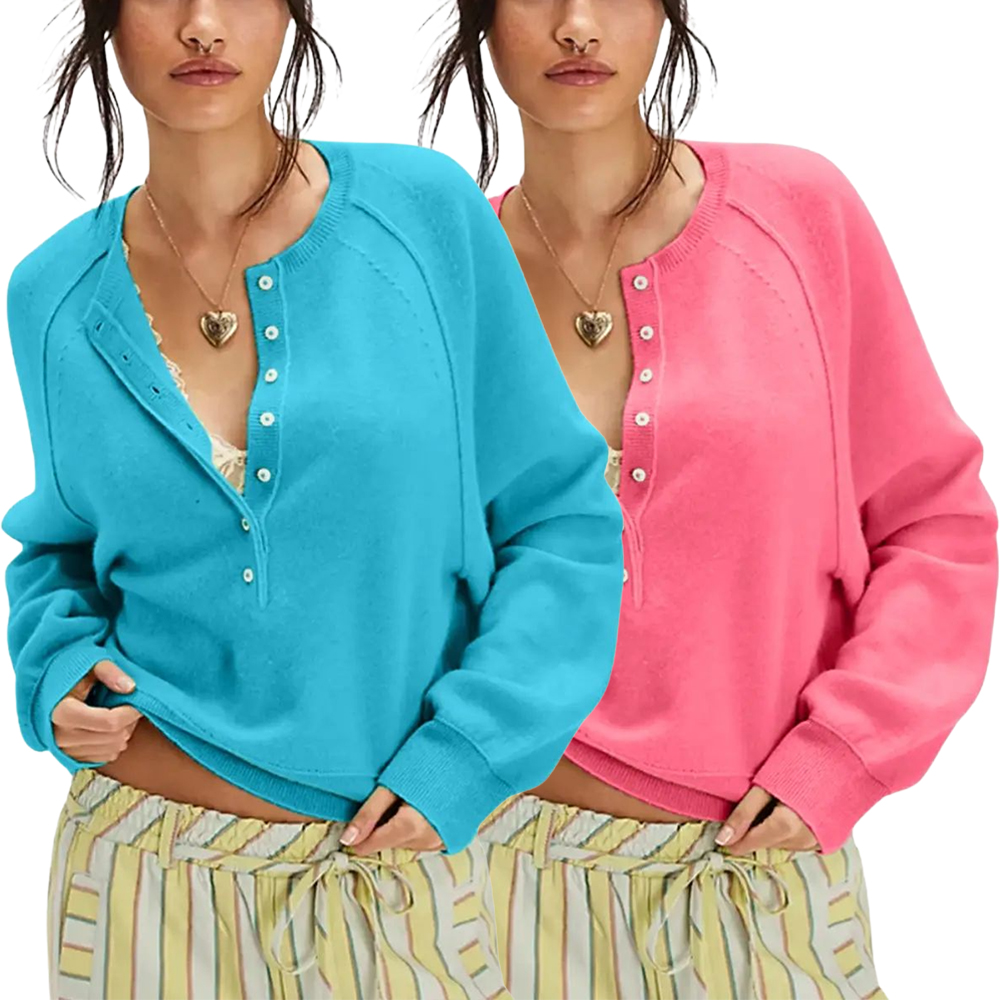 Womens Long Sleeve Knitting Sweater Tops Half Button Sweaters Henley Neckline