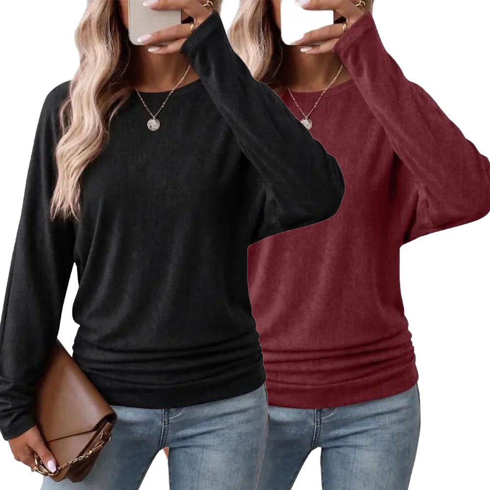 Womens Long Sleeve Shirts Ruched Hem Fall Tops Lightweight Sweaters