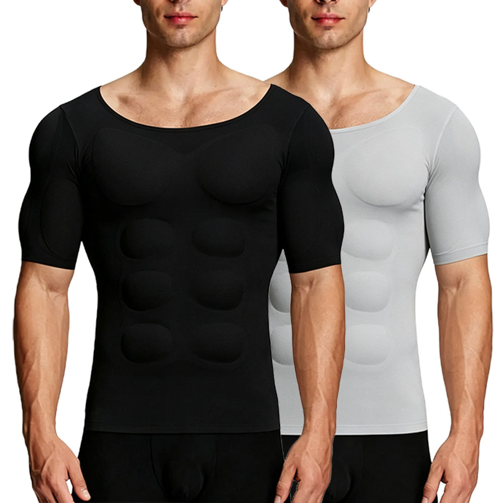 Men’s Invisible Seamless Muscle-Enhancing T-Shirt with Removable Muscle Pads and Light Compression Function