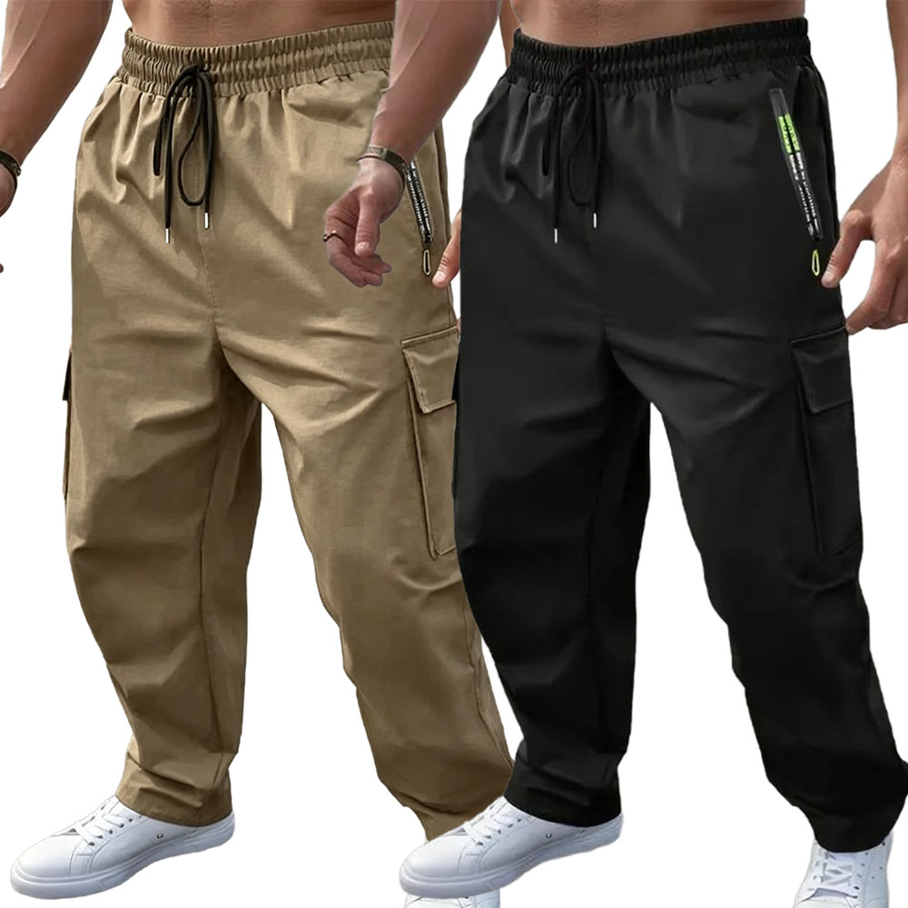 Men's Plain Cargo Pants - Multi-Pocket, Straight Leg, Non-Stretch Woven Fabric, Adjustable Drawstring Waist