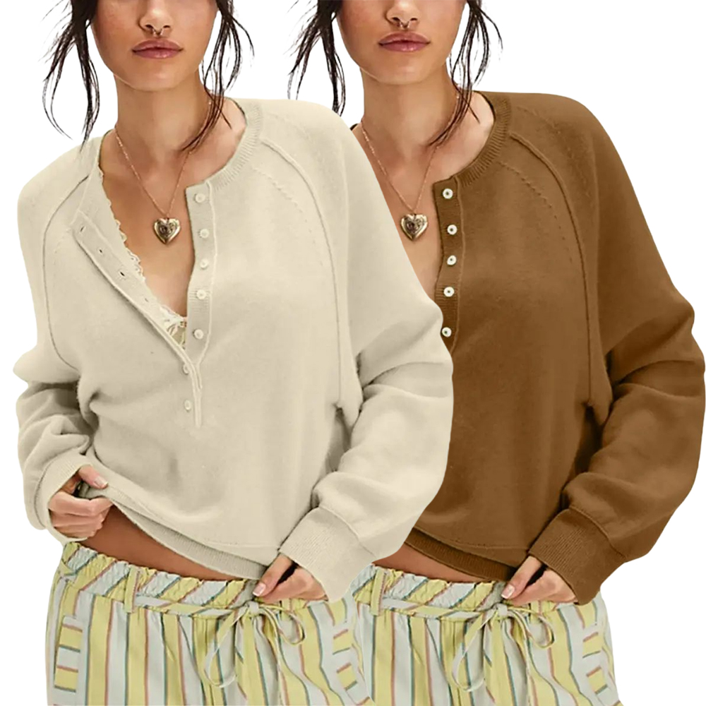 Womens Long Sleeve Knitting Sweater Tops Half Button Sweaters Henley Neckline