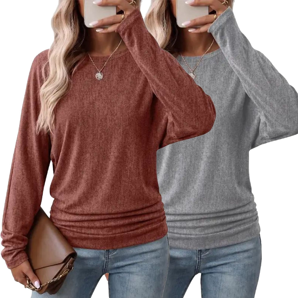 Womens Long Sleeve Shirts Ruched Hem Fall Tops Lightweight Sweaters