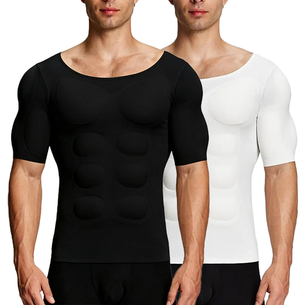 Men’s Invisible Seamless Muscle-Enhancing T-Shirt with Removable Muscle Pads and Light Compression Function