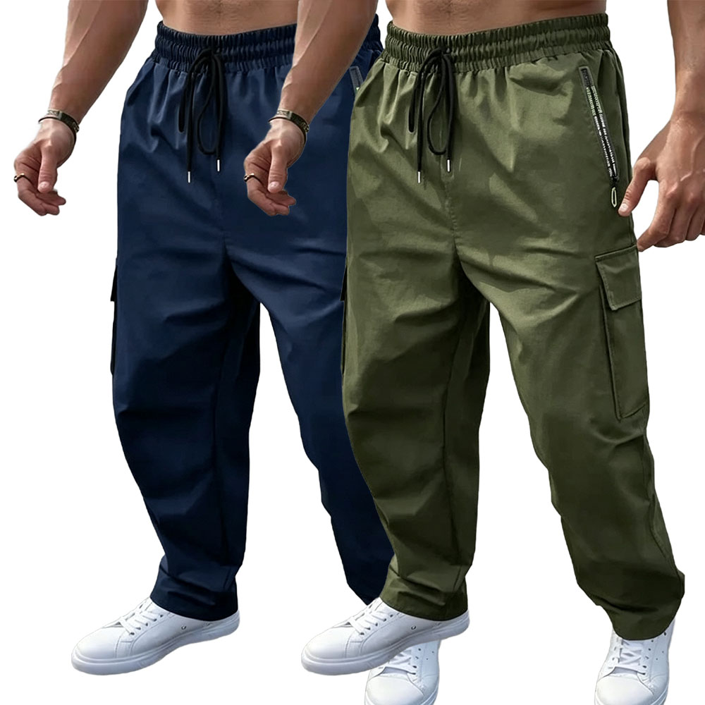 Men's Plain Cargo Pants - Multi-Pocket, Straight Leg, Non-Stretch Woven Fabric, Adjustable Drawstring Waist