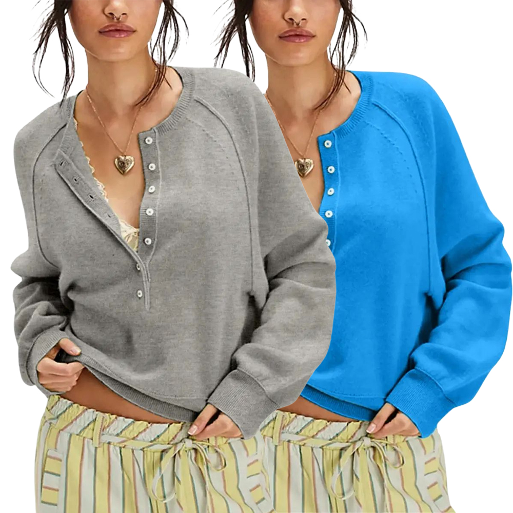 Womens Long Sleeve Knitting Sweater Tops Half Button Sweaters Henley Neckline