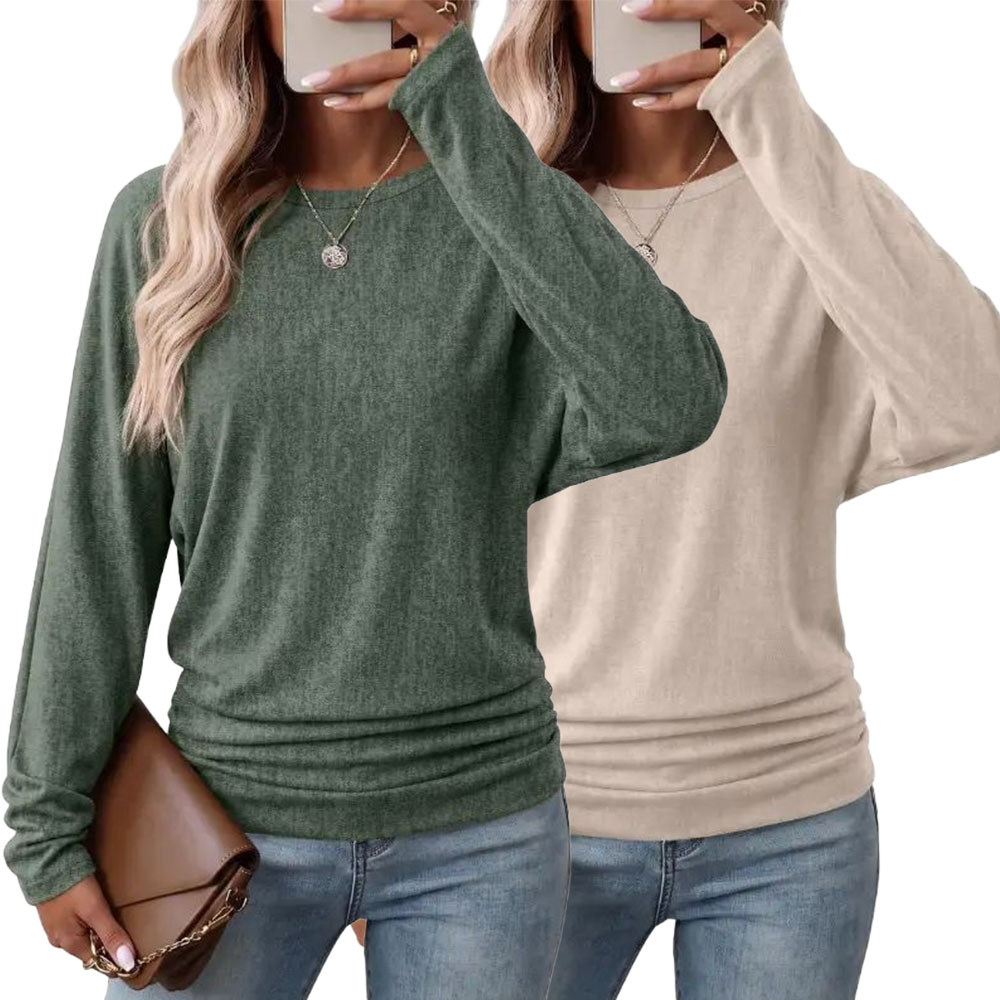 Womens Long Sleeve Shirts Ruched Hem Fall Tops Lightweight Sweaters