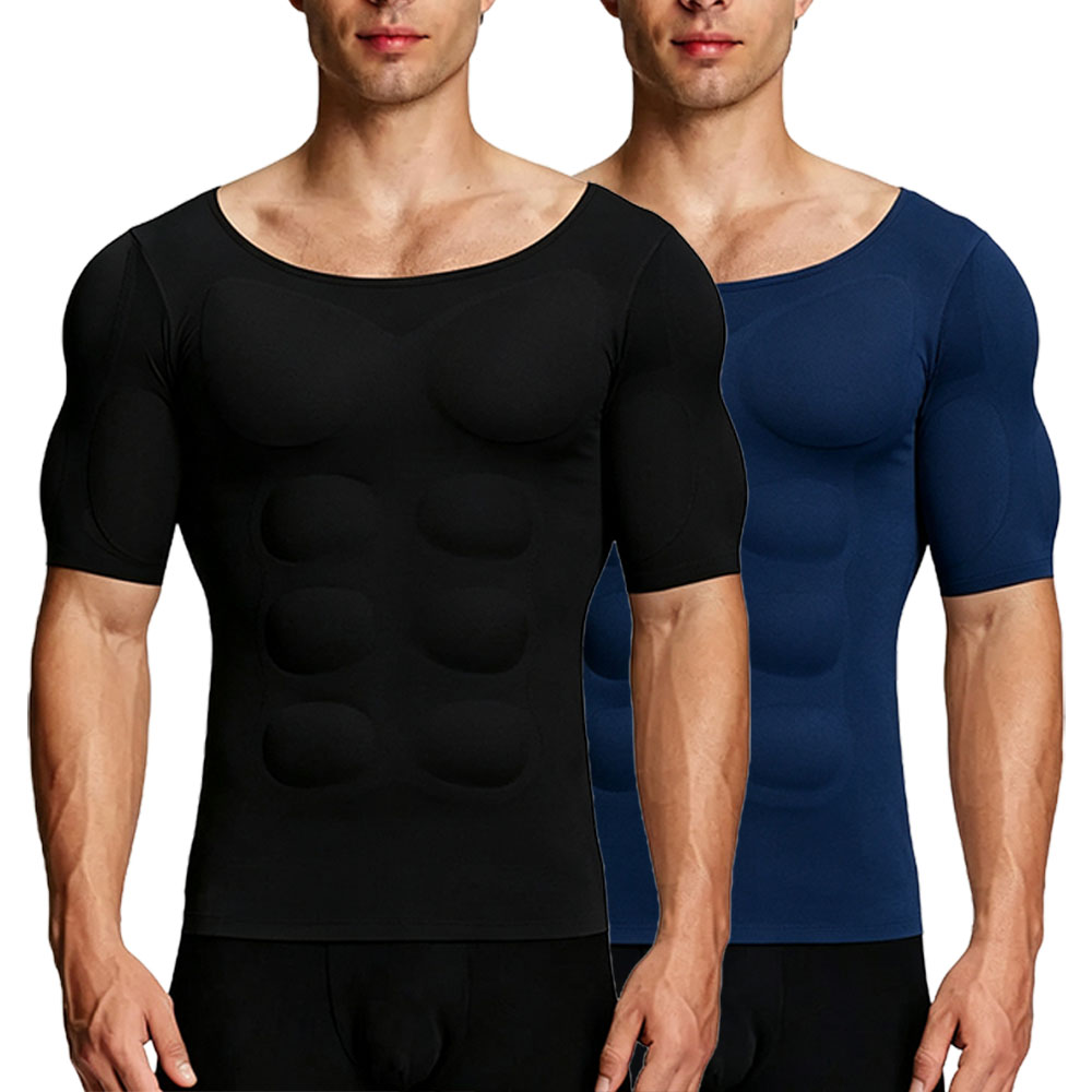 Men’s Invisible Seamless Muscle-Enhancing T-Shirt with Removable Muscle Pads and Light Compression Function