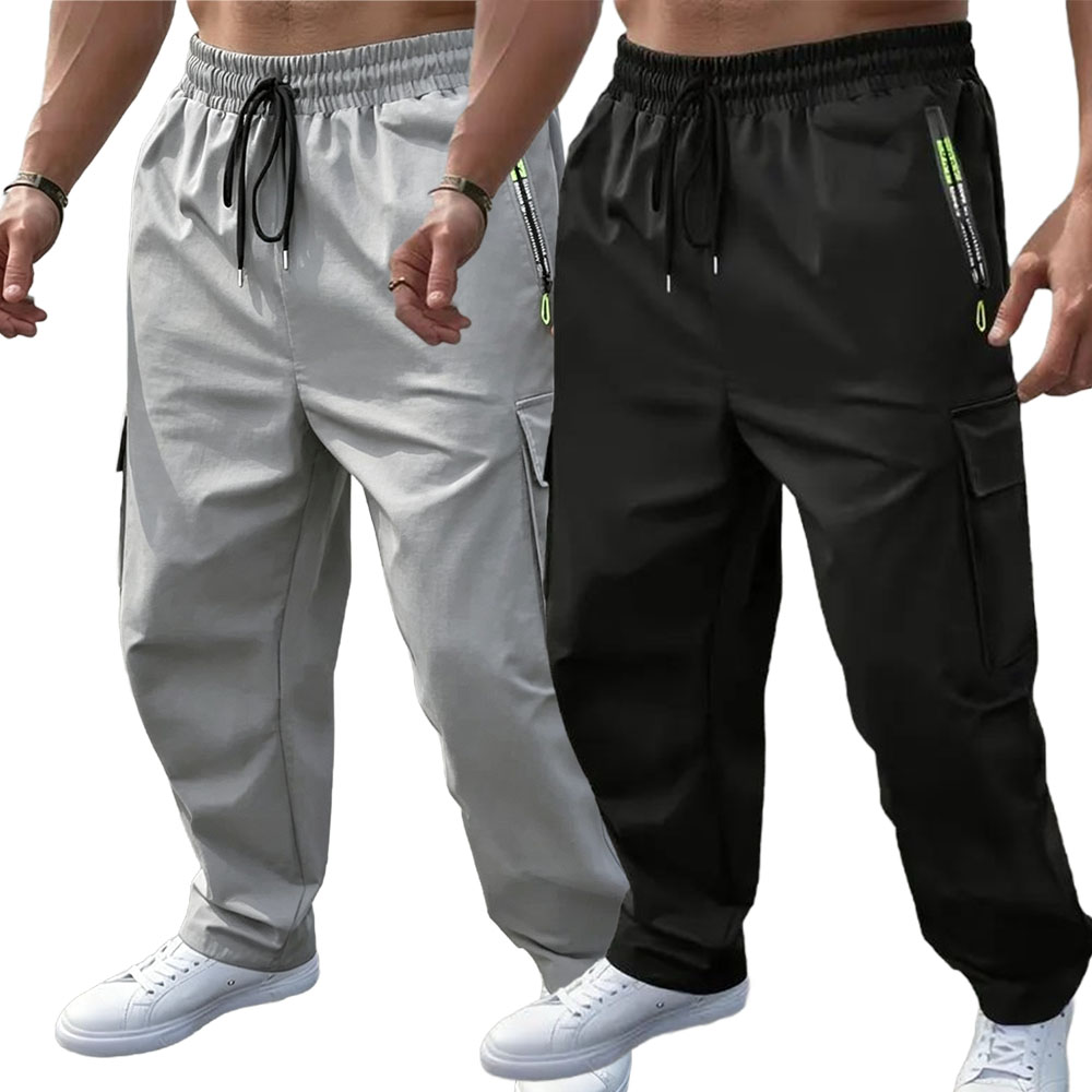 Men's Plain Cargo Pants - Multi-Pocket, Straight Leg, Non-Stretch Woven Fabric, Adjustable Drawstring Waist