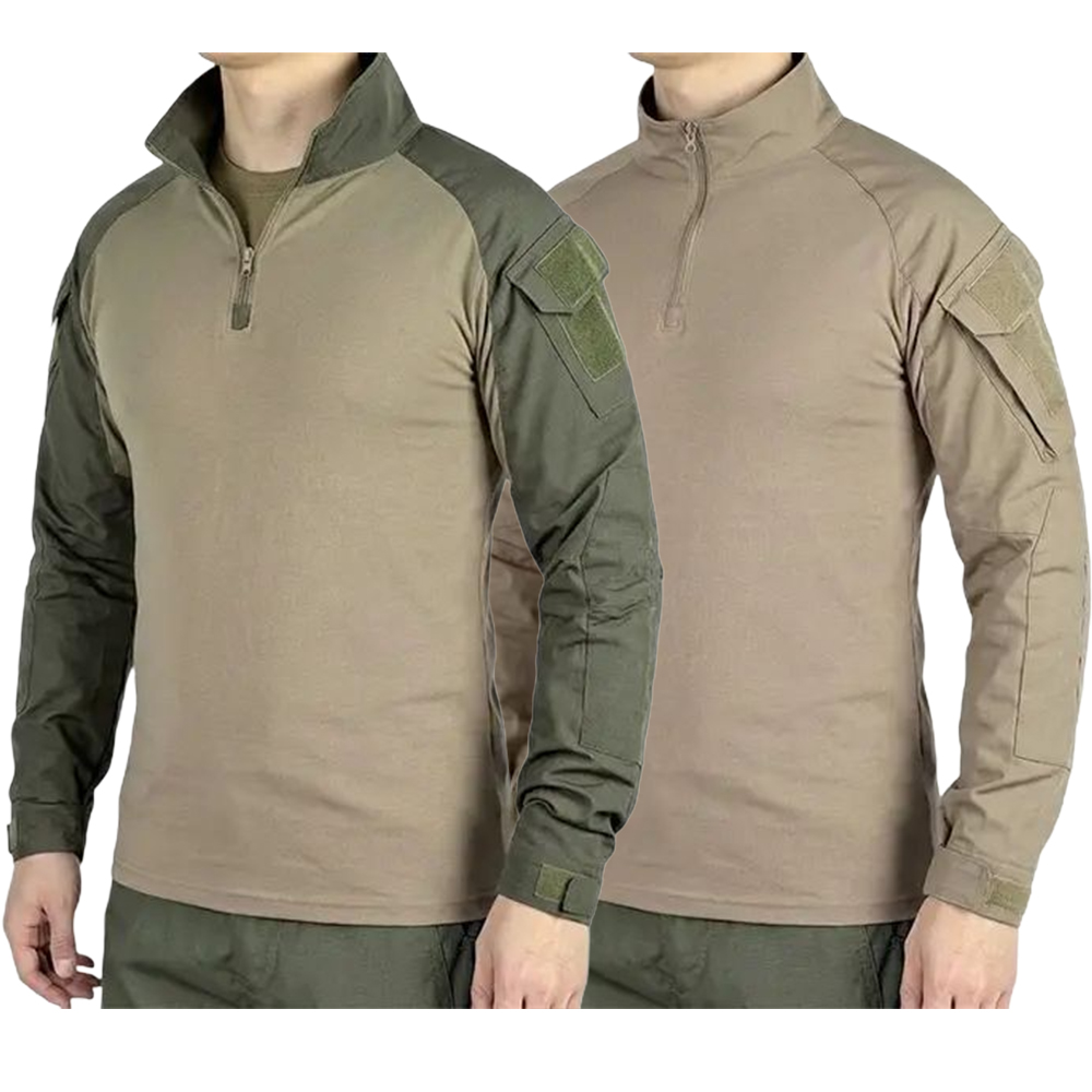 Men’s long-sleeve top with a half zipper and stand collar, available in six colors; camouflage color-block design, stretchy and breathable for outdoor wear.