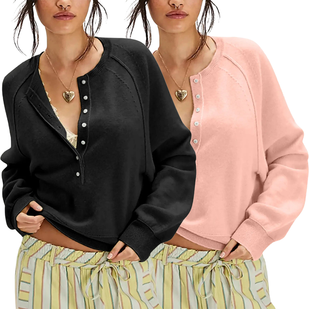 Womens Long Sleeve Knitting Sweater Tops Half Button Sweaters Henley Neckline