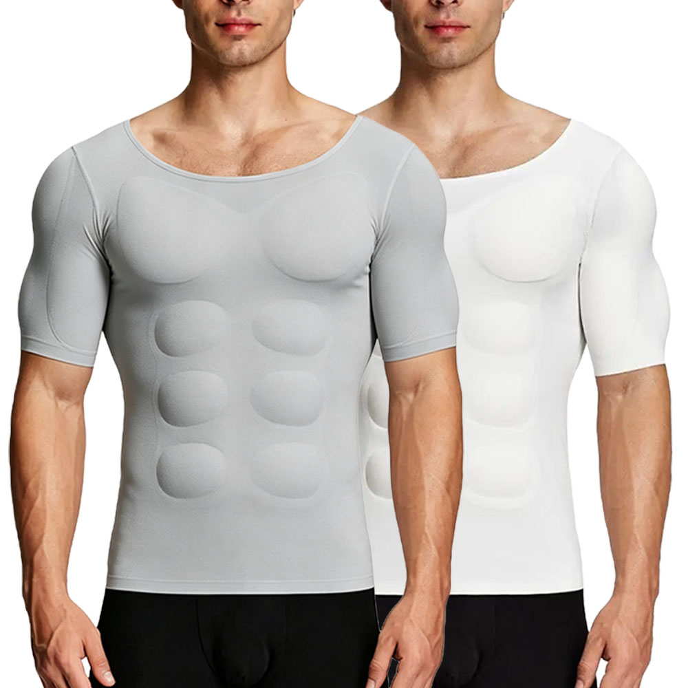 Men’s Invisible Seamless Muscle-Enhancing T-Shirt with Removable Muscle Pads and Light Compression Function