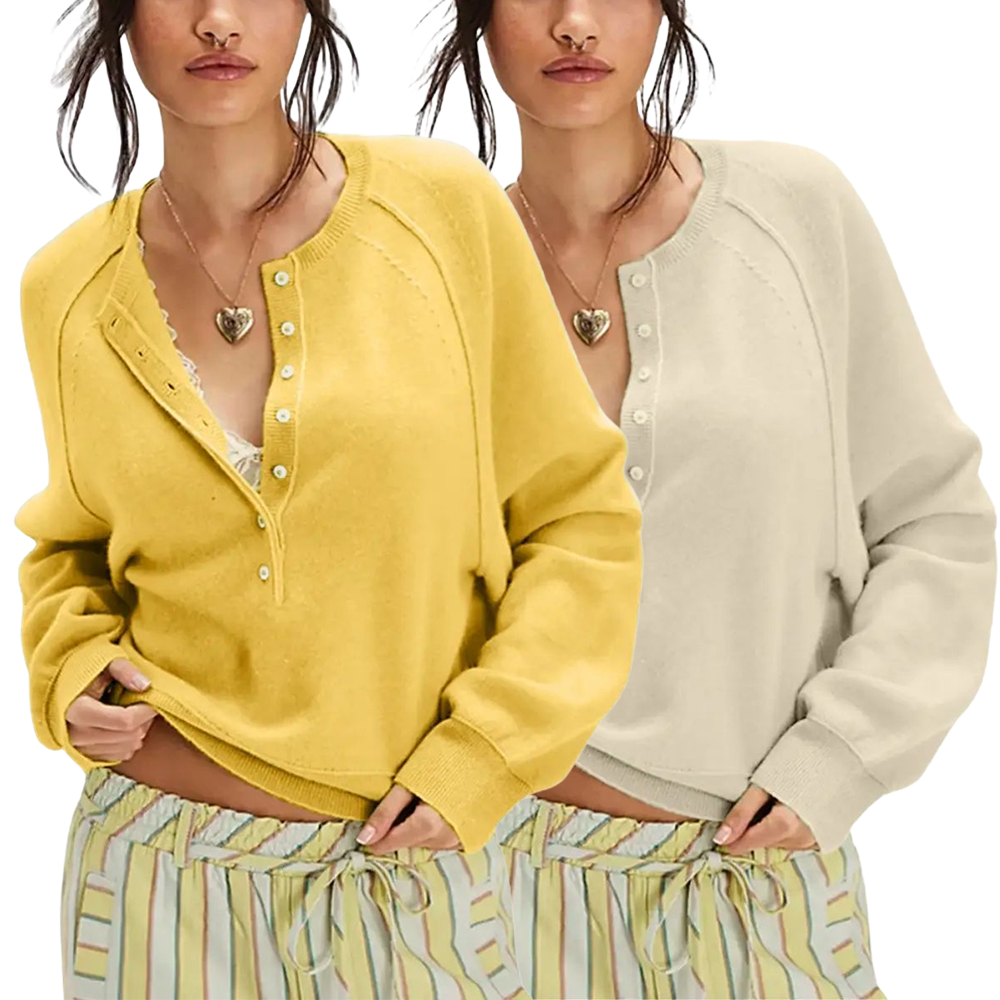 Womens Long Sleeve Knitting Sweater Tops Half Button Sweaters Henley Neckline