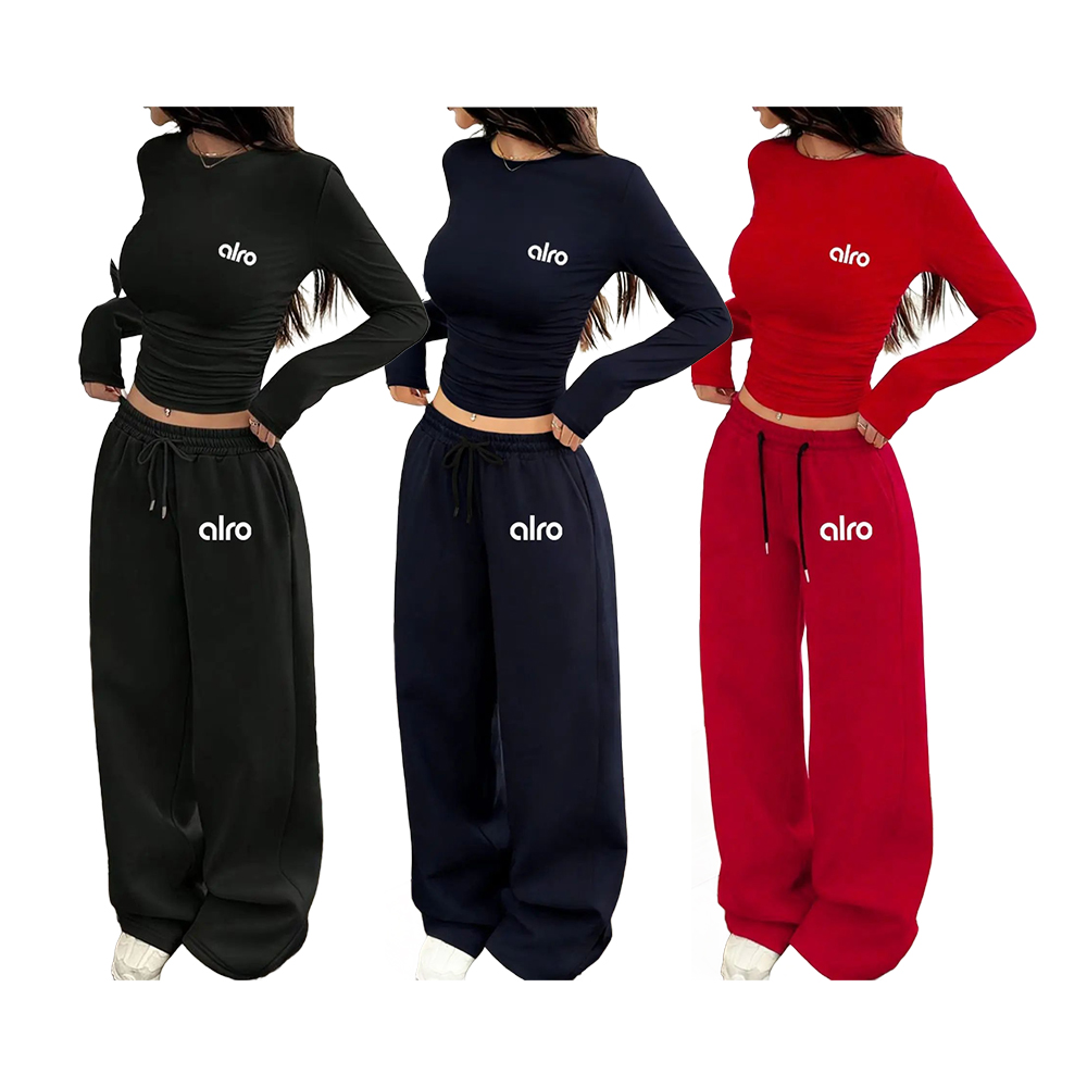 Women's Two-Piece Set, European Style Round Neck Long Sleeve Top, Straight Leg Pants, Comfortable Fabric.