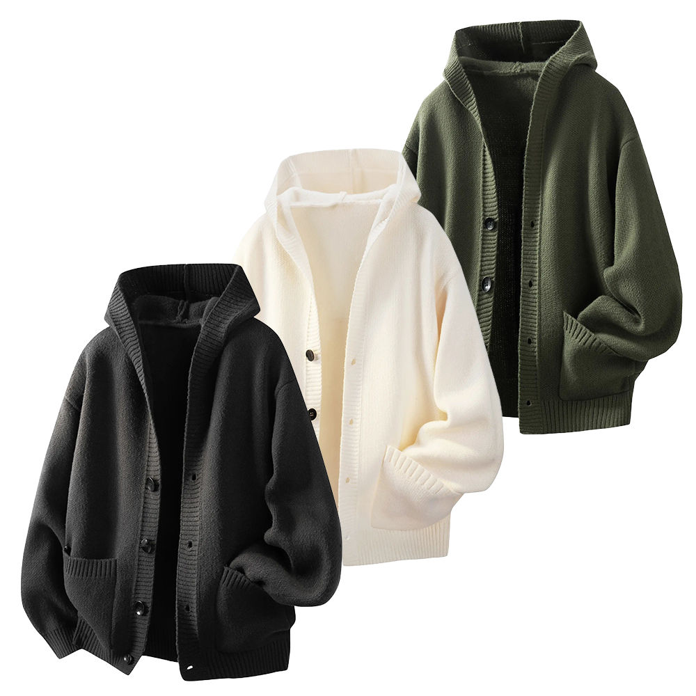 Men's Plain Minimalist Solid Heavyweight Long-Sleeve Buttoned Hood Snap Sweatshirt