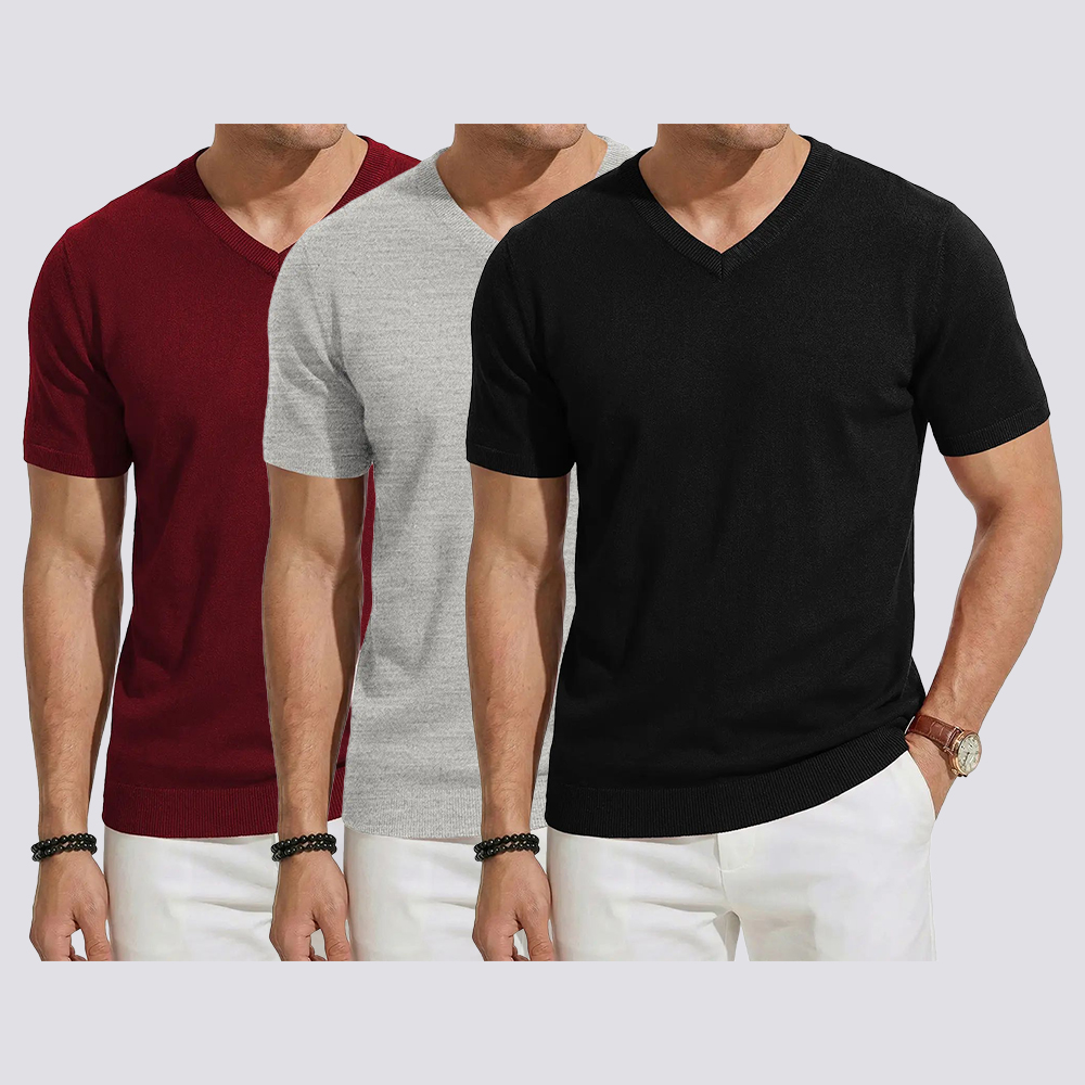 Men's Wool Blend Short Sleeve V-Neck Sweater Soft Textured Knit Pullover