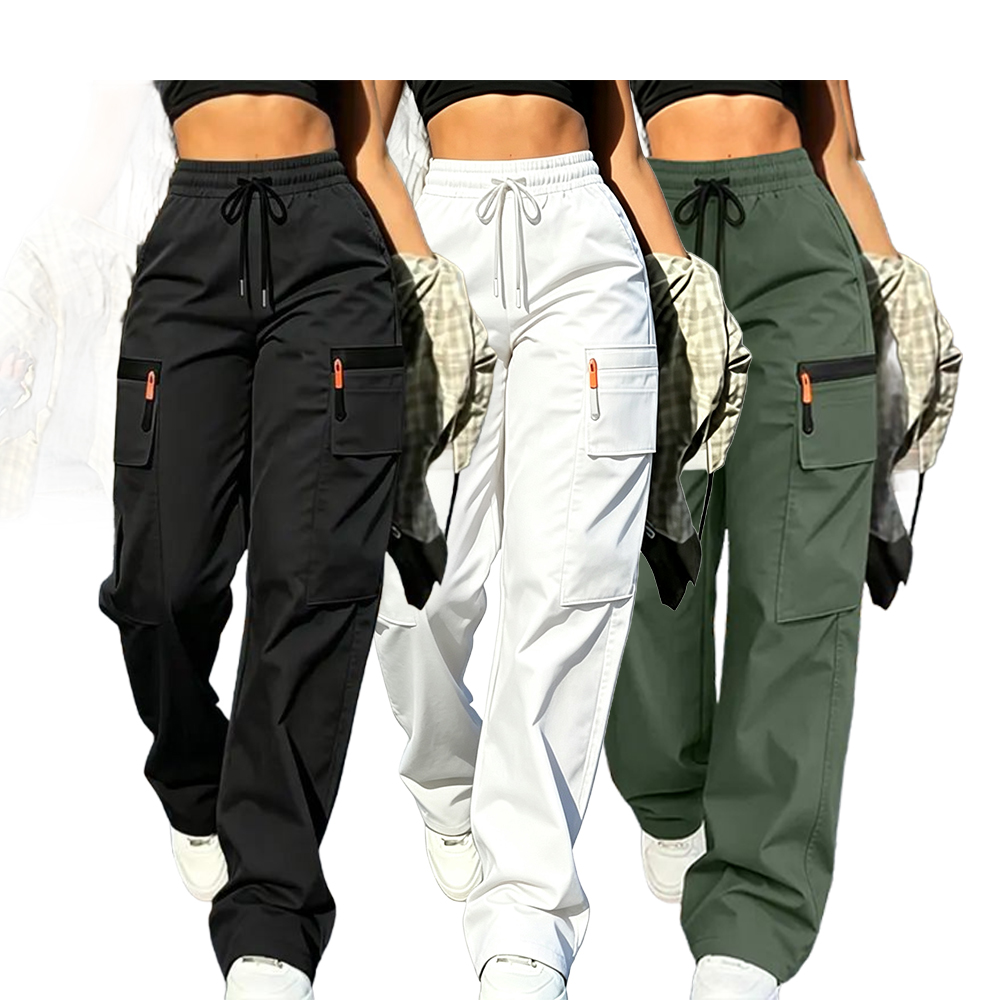 Women’s Cargo Pants — Solid Color, Anti-theft Zipper Pocket Design