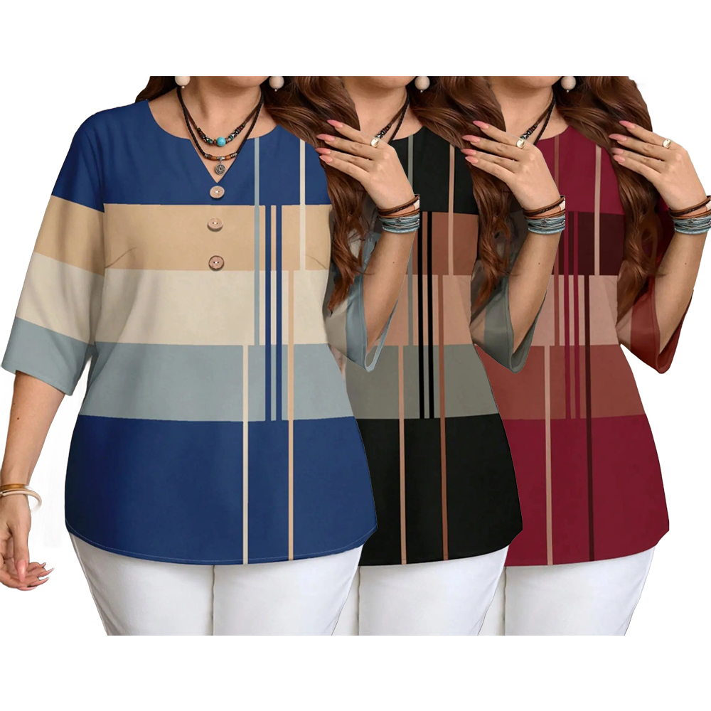 Plus Size Women's Color Block Chic Casual Loose Short Sleeve Blouse Shirt
