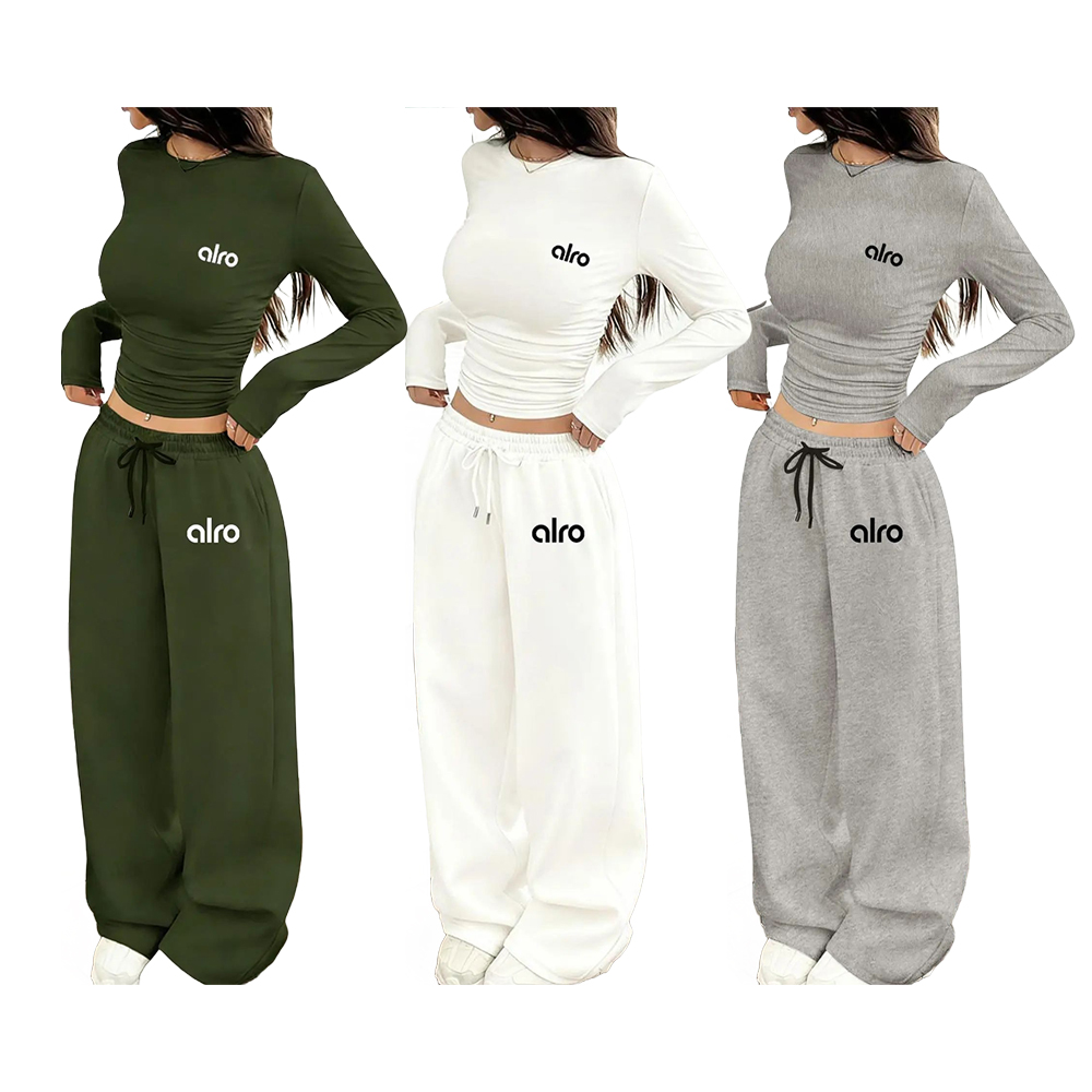 Women's Two-Piece Set, European Style Round Neck Long Sleeve Top, Straight Leg Pants, Comfortable Fabric.