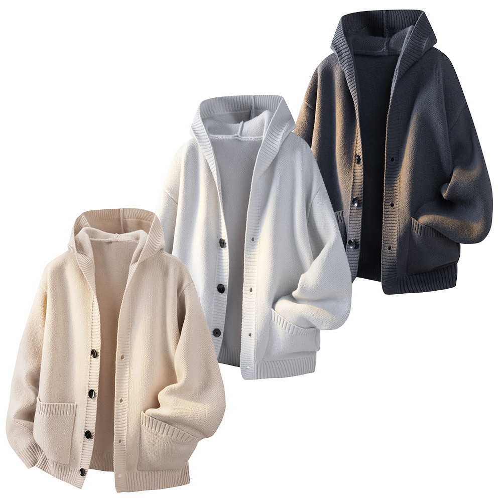 Men's Plain Minimalist Solid Heavyweight Long-Sleeve Buttoned Hood Snap Sweatshirt