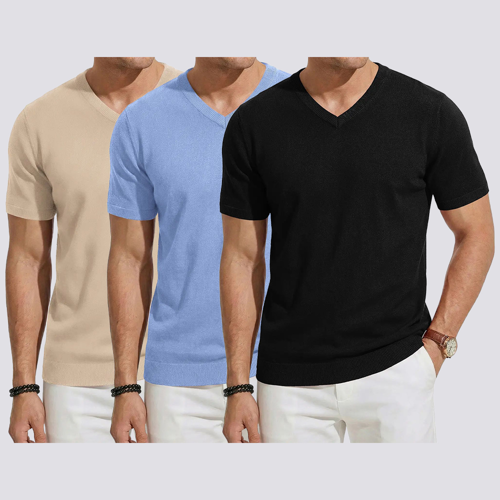 Men's Wool Blend Short Sleeve V-Neck Sweater Soft Textured Knit Pullover