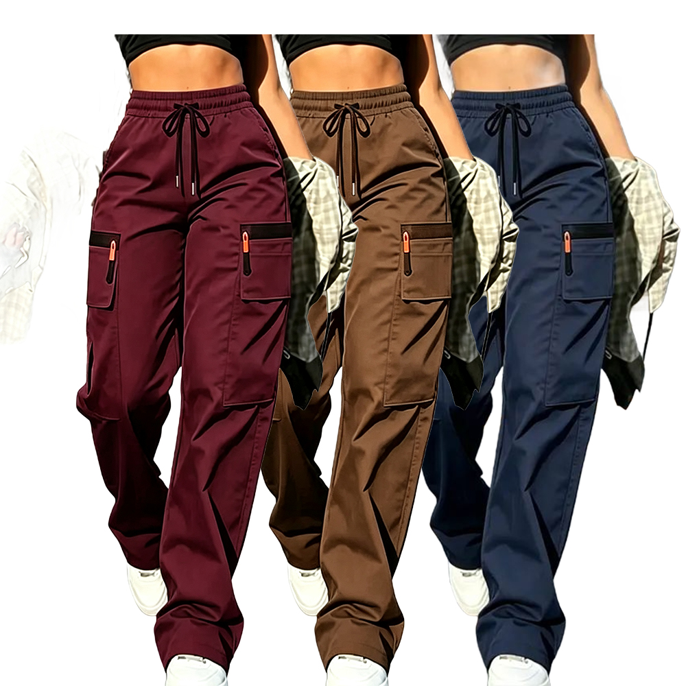 Women’s Cargo Pants — Solid Color, Anti-theft Zipper Pocket Design