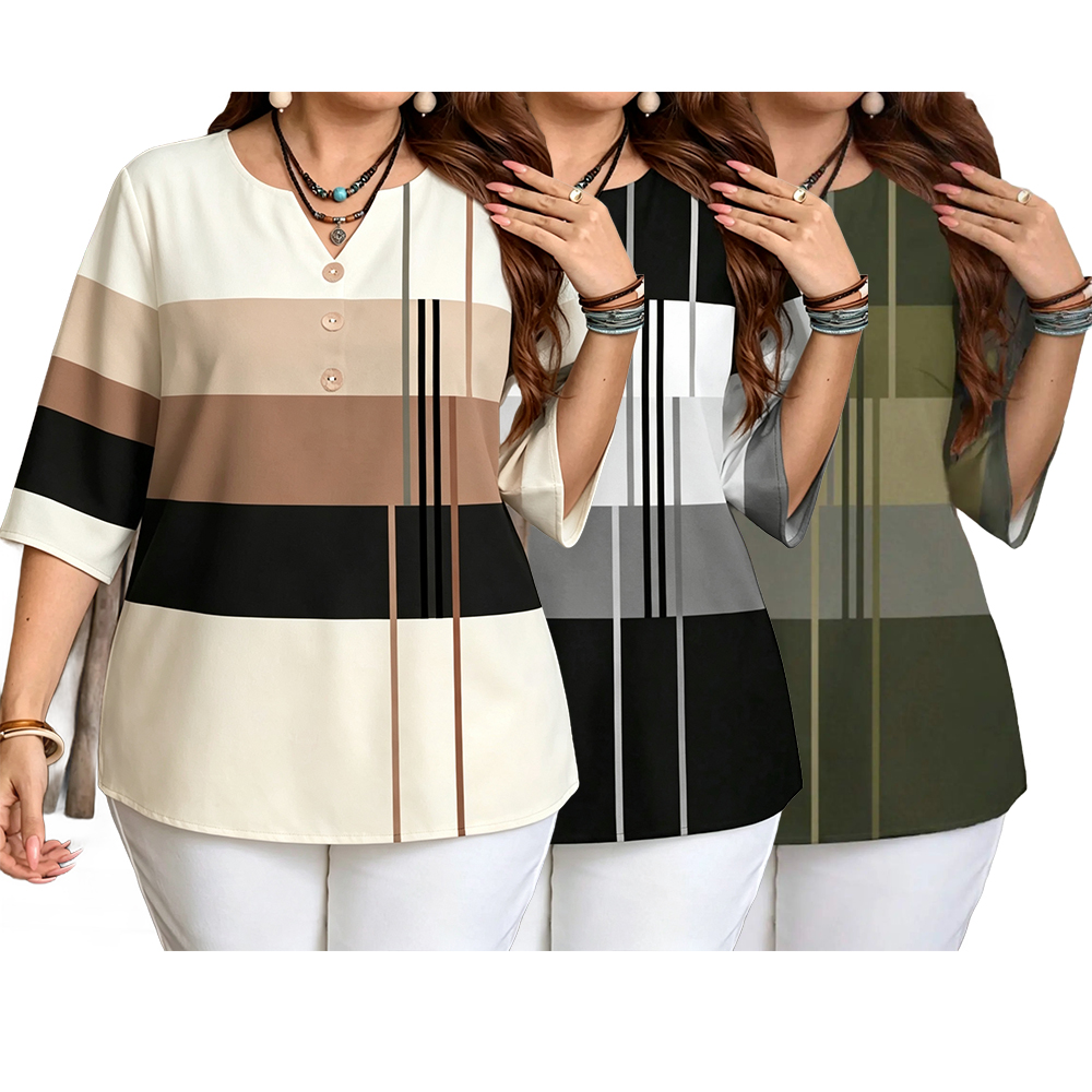 Plus Size Women's Color Block Chic Casual Loose Short Sleeve Blouse Shirt
