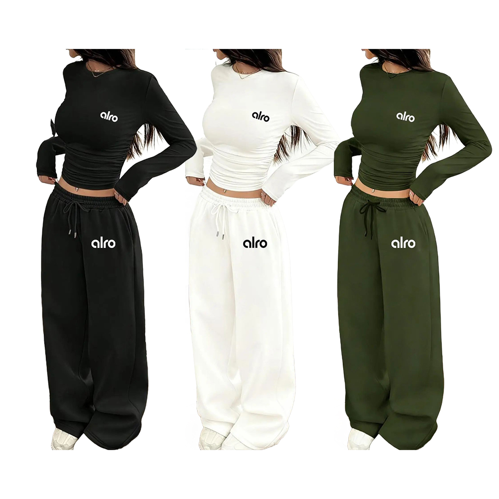 Women's Two-Piece Set, European Style Round Neck Long Sleeve Top, Straight Leg Pants, Comfortable Fabric.