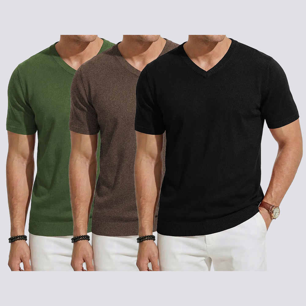 Men's Wool Blend Short Sleeve V-Neck Sweater Soft Textured Knit Pullover
