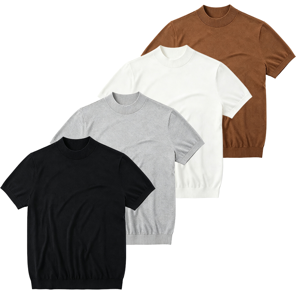 Men's 100% Merino Wool Mock Neck Knit T-Shirt - Soft, Breathable Daily Commute Base Top with Refined Knit