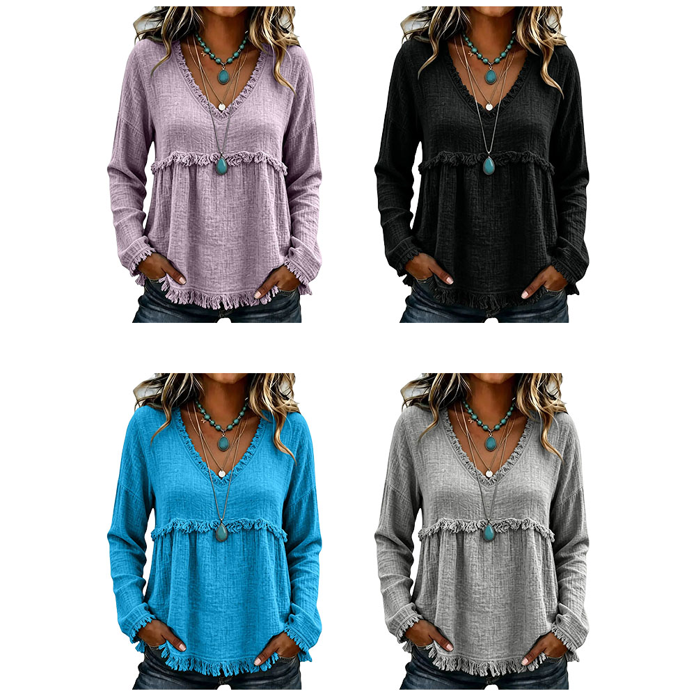 Women’s Boho V Neck Long Sleeve Fringe Top