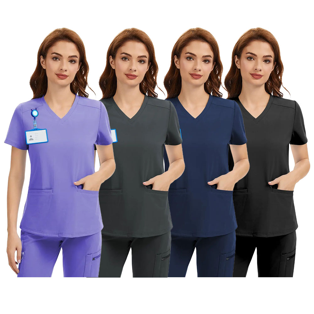 4-Way Stretch Scrub Tops - V-Neck, Wrinkle & Breathable, with 2 Pockets