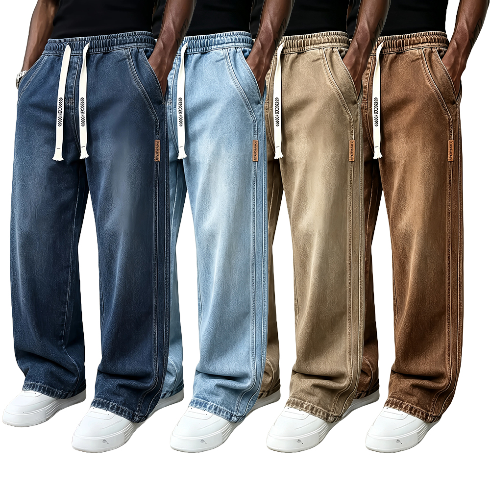 Men's Drawstring Elastic Waist Straight‑Leg Jeans, Plain Versatile Non‑Stretch Denim Pants & Vintage Washed Stretch Denim Jeans
