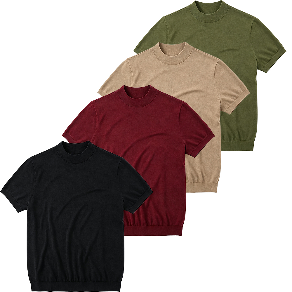 Men's 100% Merino Wool Mock Neck Knit T-Shirt - Soft, Breathable Daily Commute Base Top with Refined Knit
