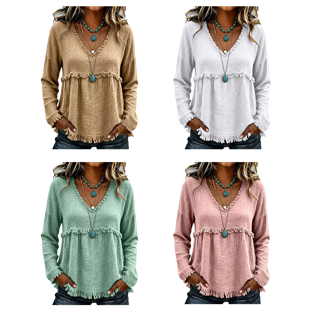 Women’s Boho V Neck Long Sleeve Fringe Top