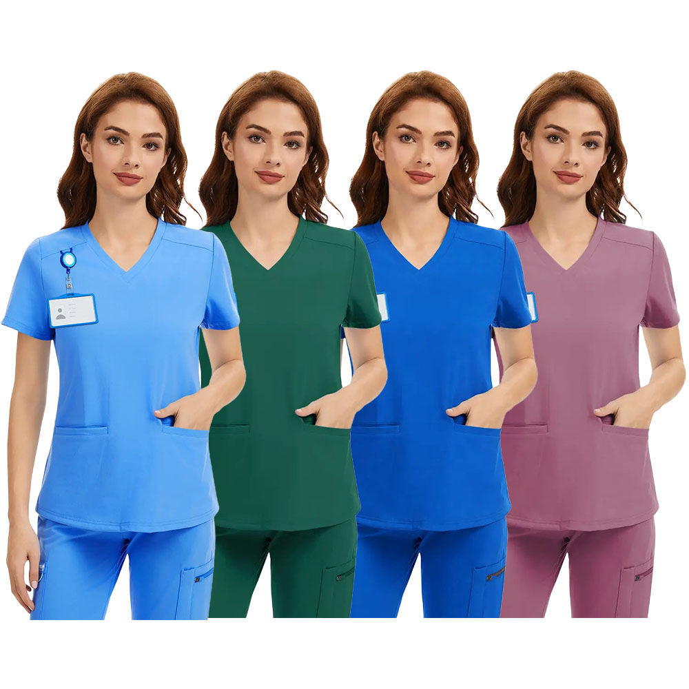 4-Way Stretch Scrub Tops - V-Neck, Wrinkle & Breathable, with 2 Pockets