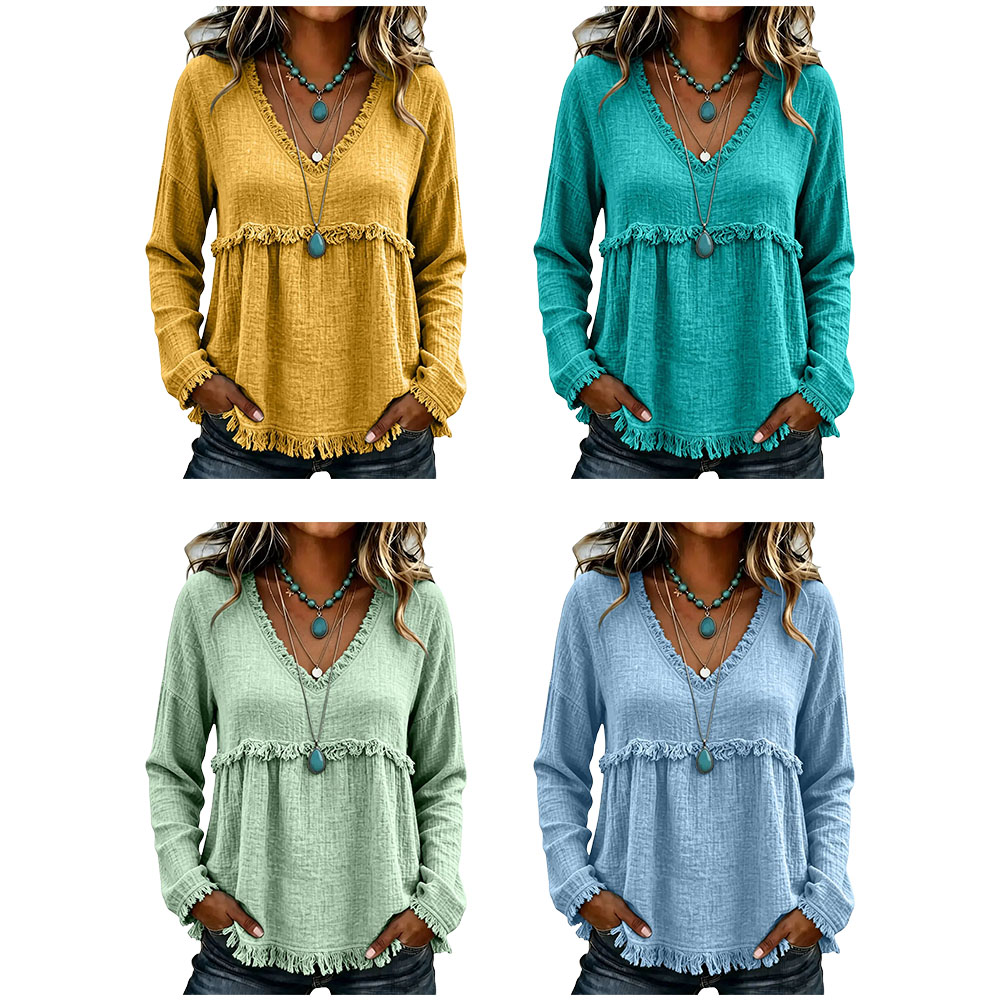 Women’s Boho V Neck Long Sleeve Fringe Top