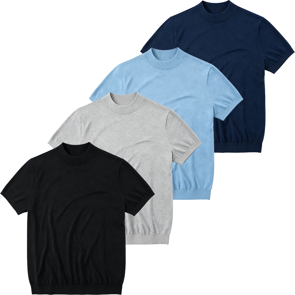 Men's 100% Merino Wool Mock Neck Knit T-Shirt - Soft, Breathable Daily Commute Base Top with Refined Knit