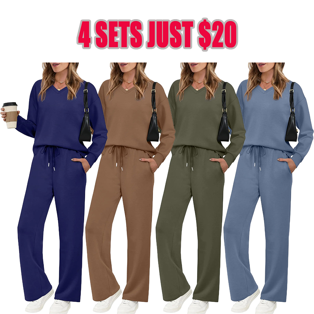 Lounge Sets for Women 2026 V Neck 2 Piece Outfits Airport Wide Leg Pants Matching Set Sweatsuits