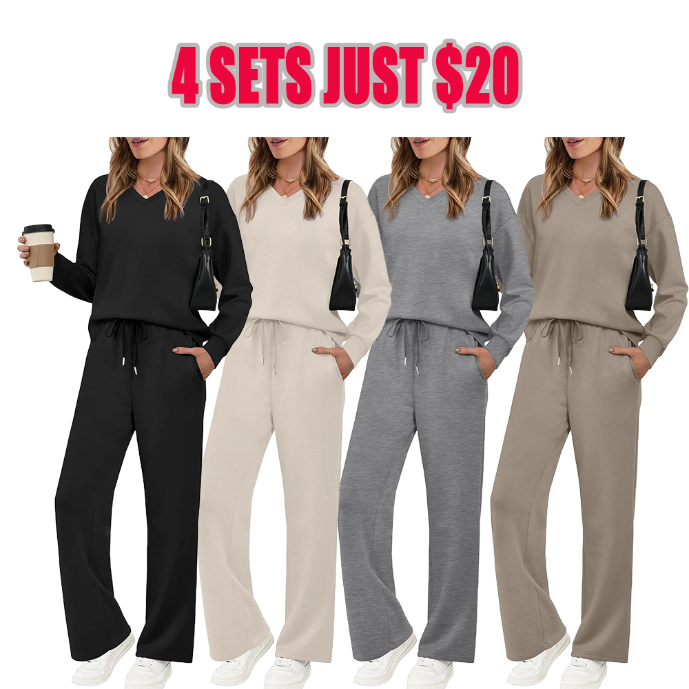 Lounge Sets for Women 2026 V Neck 2 Piece Outfits Airport Wide Leg Pants Matching Set Sweatsuits
