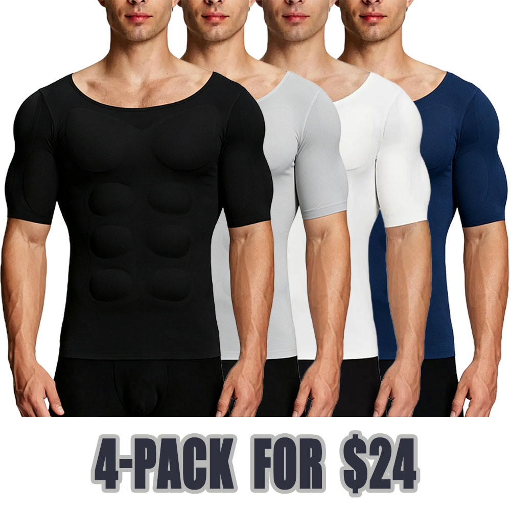 Men’s Invisible Seamless Muscle-Enhancing T-Shirt with Removable Muscle Pads and Light Compression Function