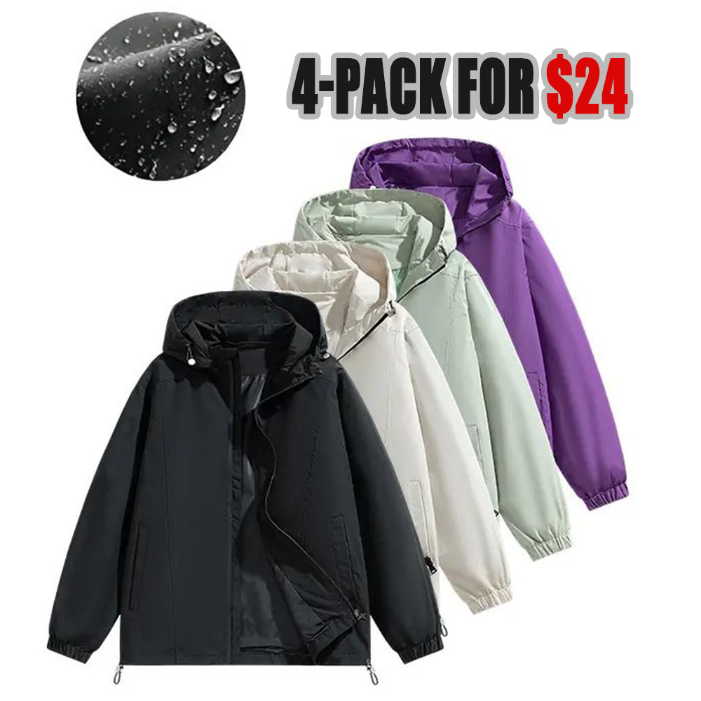 Men’s Loose-Fit Hooded Windproof Waterproof Polyester Plain Long-Sleeve Tops - Adjustable Drawstring Hem, Zipper Closure
