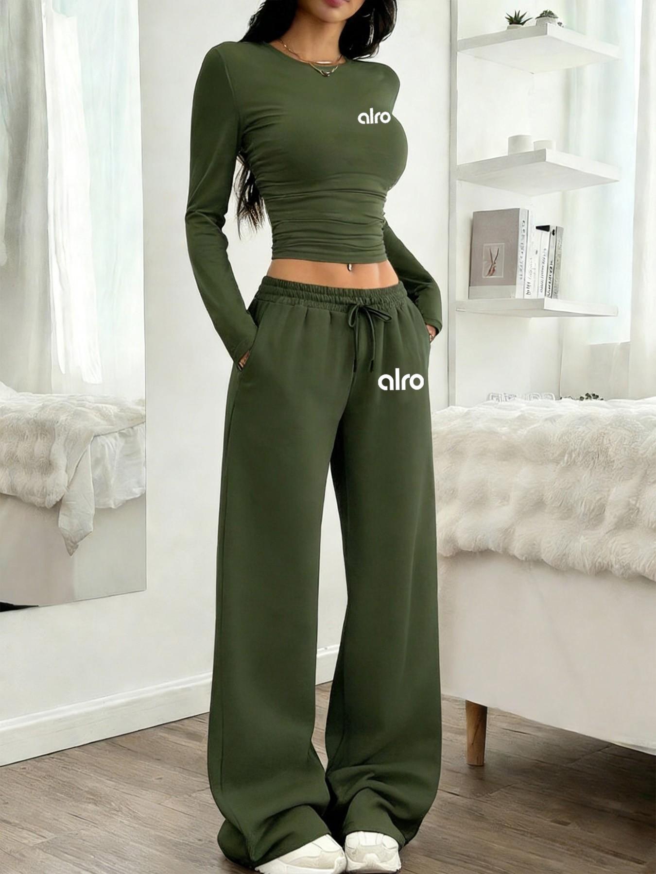 Women's Two-Piece Set, European Style Round Neck Long Sleeve Top, Straight Leg Pants, Comfortable Fabric, Perfect for Daily Wear, Travel, Shopping, Sleep