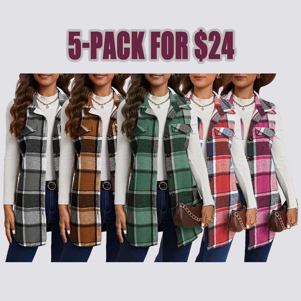 Women's Plaid-Print Button-Front Fitted Vest Coat Tops