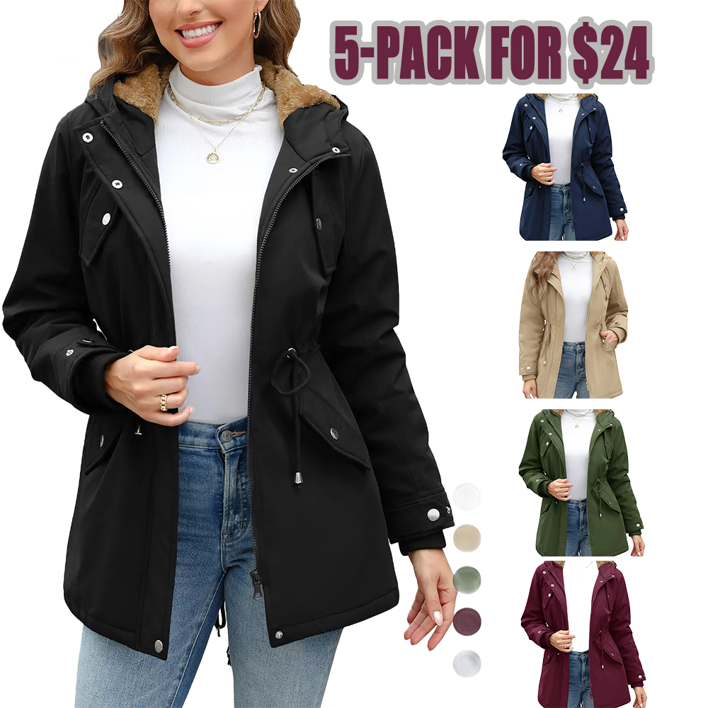 Women's Thick Fleece Waterproof Hooded Rain Jacket